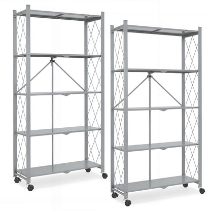 Folding Shelf on Wheels 5-Tier , Freestanding Metal Wire Storage Rack for Pantry Kitchen Garage, No Assembly Rolling Shelves Unit (Gray-2Pack)