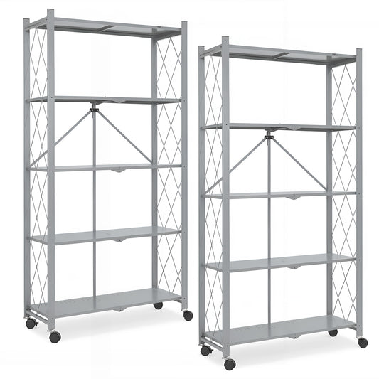 Folding Shelf on Wheels 5-Tier , Freestanding Metal Wire Storage Rack for Pantry Kitchen Garage, No Assembly Rolling Shelves Unit (Gray-2Pack)