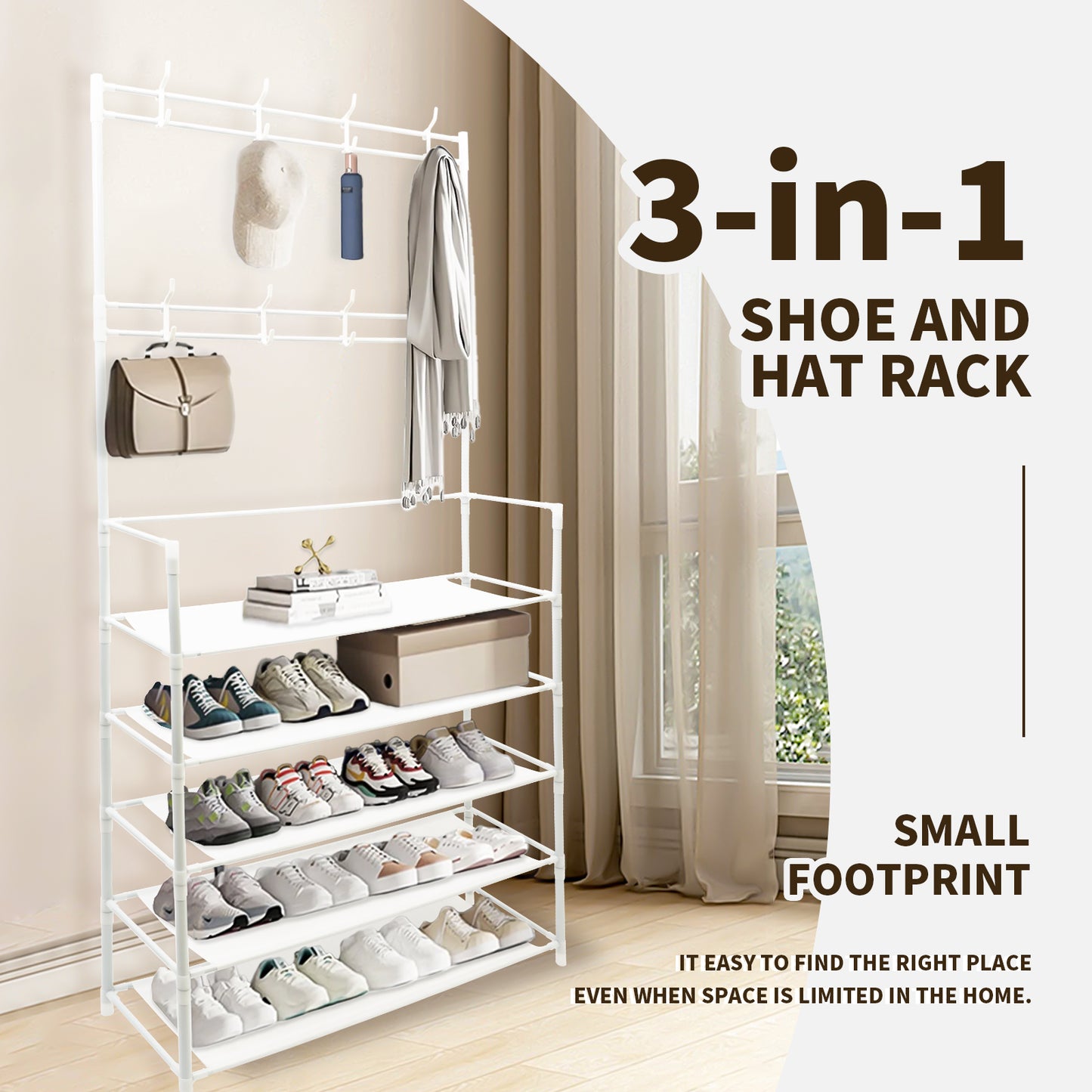 5-Tier Coat and Shoe rack with 8 Hooks, White