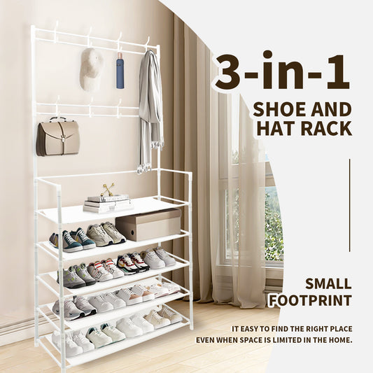 5-Tier Coat and Shoe rack with 8 Hooks, White