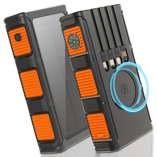 Power Bank Wireless Charger 68800mAh Built in Hand Crank and 4 Cables 15W Fast Charging Power Bank 7 Outputs & 4 Inputs Solar Portable Charger, SOS/Strobe/Strong Flashlights, Compass(Orange)