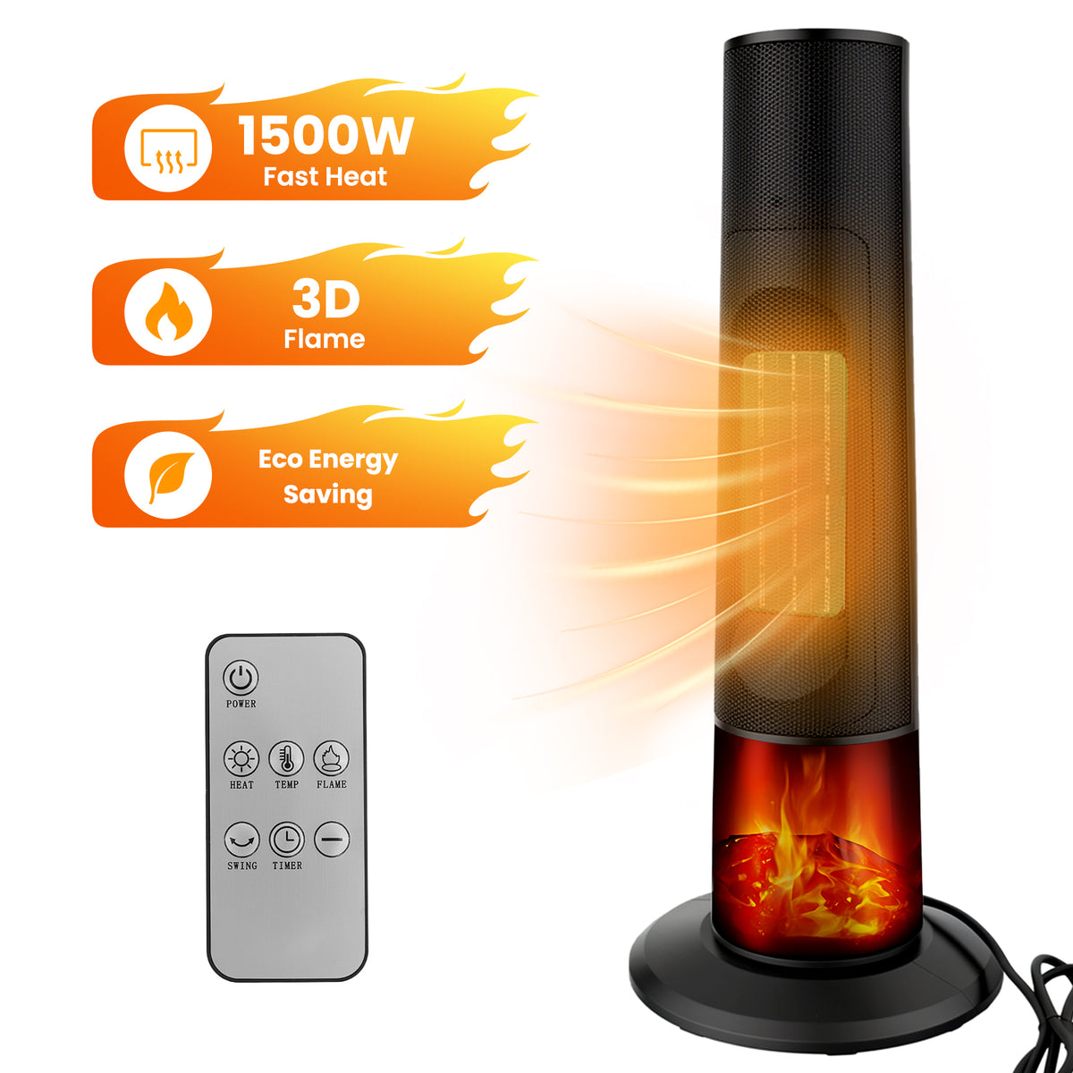 25" Tower Space Heater W/3D Flame Effect, Portable 1500W PTC Electric Heater W/Remote, 2 Heat Modes, 12H Timer, Quiet Multi Safety Protection Space Heater for Indoor Large Room Bedroom Office