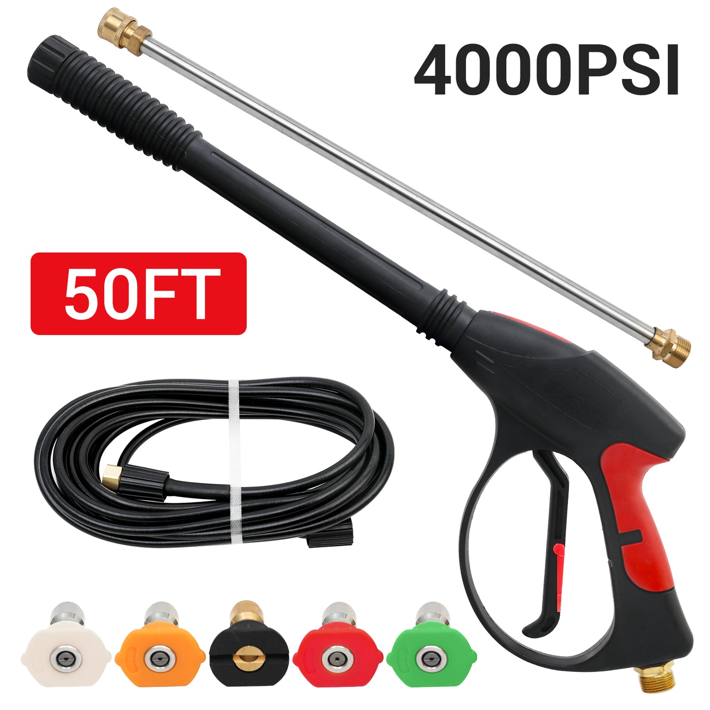 CATGOOD 4000 PSI Pressure Washer Gun with Extension Wand, Pressure Washer Wand with 50FT Hose and 5 Quick Connect Nozzles, Power Washer Gun Handle Car Wash Spray Gun Kit, 5 Spray Patterns