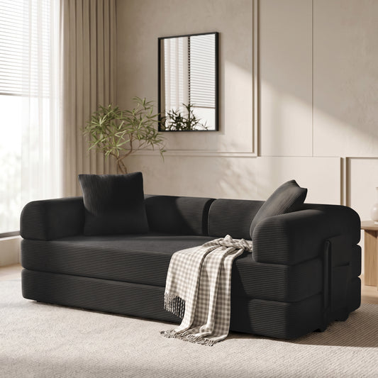 78" Convertible Sofa Bed with Two Storage Bag, Loveseat Couch with High Rebound Density Sponge for Living Room, Tool-Free Setup Love Seat with 2 Pillows, Black