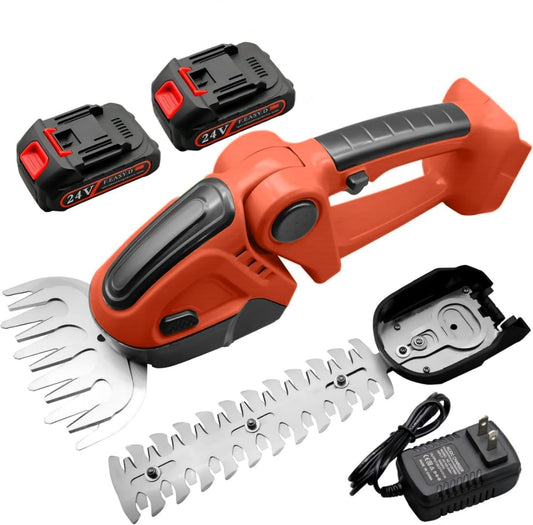 2-in-1 Cordless Hedge Trimmer, 24V Electric Hedge Trimmer with 2 Batteries and Charger for Garden and Lawn Maintenance, Orange