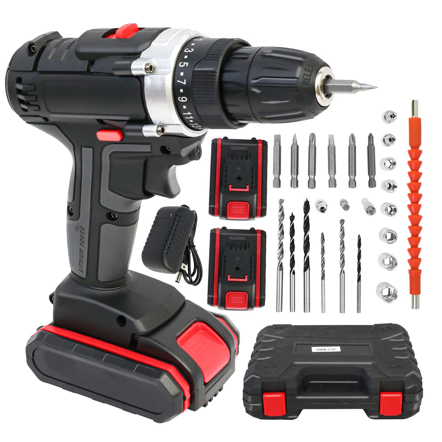 48V Power Drill with 2 Batteries and Charger, Multi-Functional Electric Cordless Drill Set Kit, Portable and Variable Speed, Black