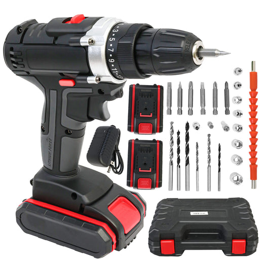 48V Power Drill with 2 Batteries and Charger, Multi-Functional Electric Cordless Drill Set Kit, Portable and Variable Speed, Black