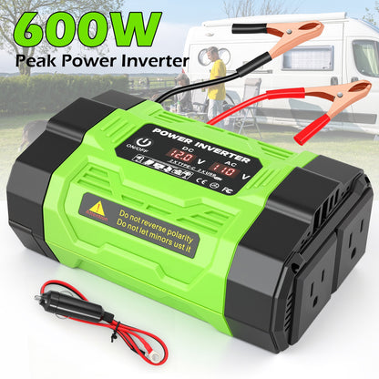 Baokaler 600W 12V DC to 110V AC Car Power Inverter, Modified Sine Wave Inverter with Multi‑Port Charging Design, LCD Display Included for Home, Outdoor, RV and Camping