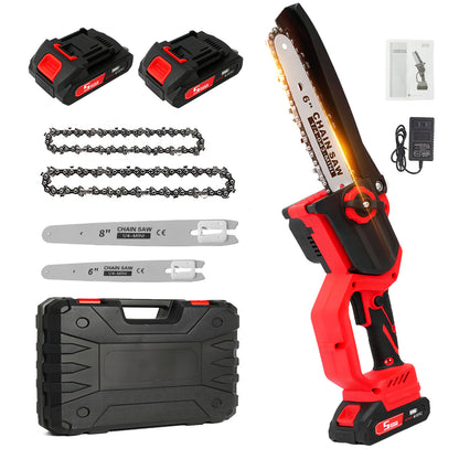 6 & 8 inch Mini Chainsaw, Electric Chainsaw with 2 pcs 1.5Ah Batteries and 2 Chains for Trees Branches Trimming Wood Cutting