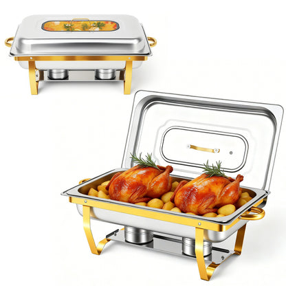 Chafing Dishes for Buffet 2 Pack, 9QT Roll Edge Designed Chafing Dish Buffet Set [Semi-Glass Lid] Food Warmers for Parties, Birthday, Holiday Parties, Church Events (Semi-Gold)