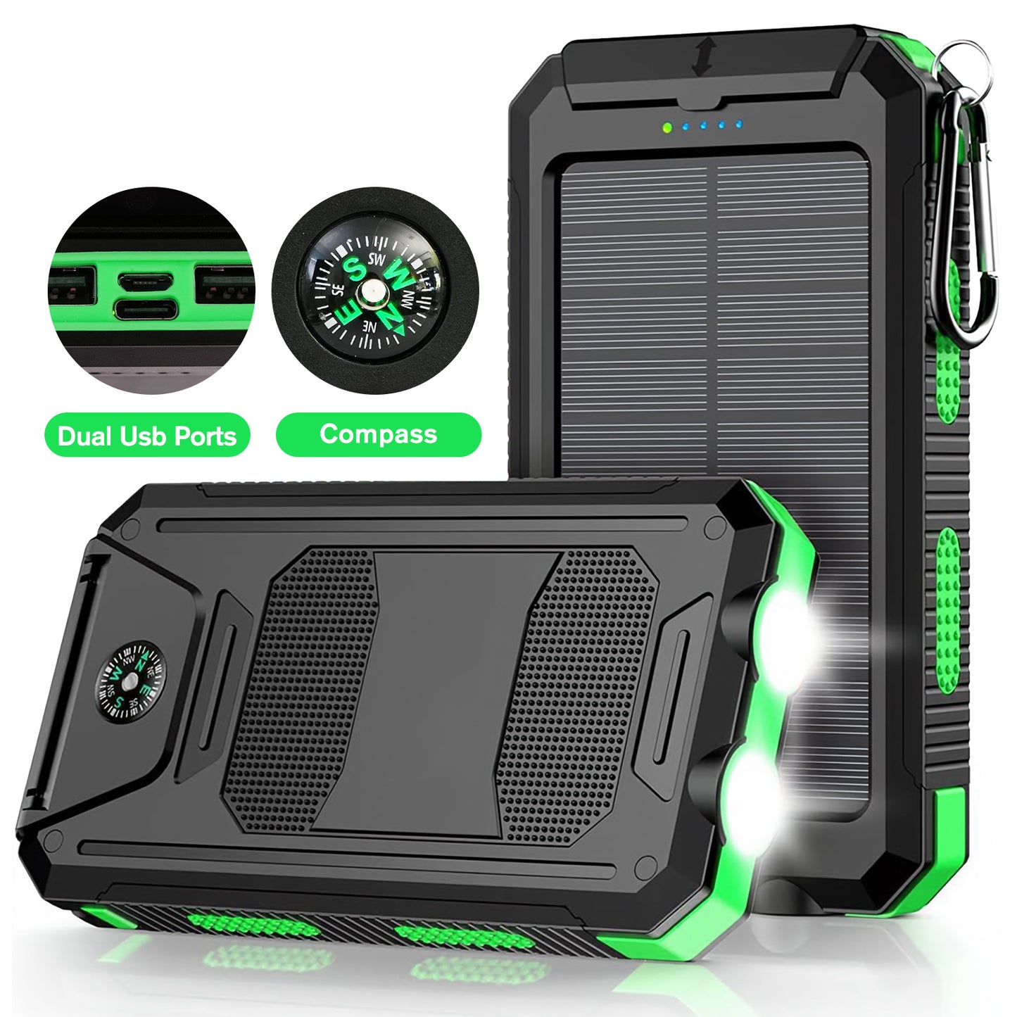 BAOKALER 30000mAh Solar Charger for Cell Phone iPhone, Portable Solar Power Bank with Dual 5V USB Ports, 2 Led Light Flashlight, Compass Battery Pack for Outdoor Camping Hiking(Green)