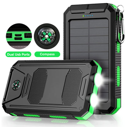 BAOKALER 30000mAh Solar Charger for Cell Phone iPhone, Portable Solar Power Bank with Dual 5V USB Ports, 2 Led Light Flashlight, Compass Battery Pack for Outdoor Camping Hiking(Green)