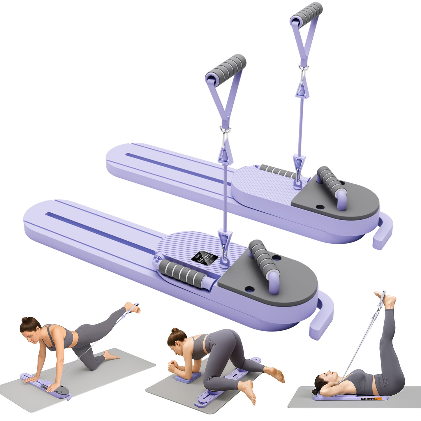 Rican Pilates Board, Pilates Reformer Board Ab Core Trainer, LCD Timer Dual-Track Detachable Ultra-Quiet Abdominal Trainer, More Than 40 Modes with Resistance Bands & Knee Pads, Purple