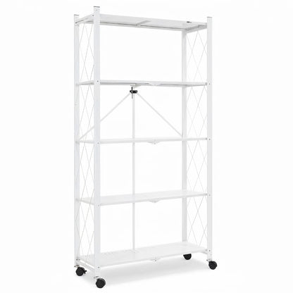 Foldable Shelves with Wheels, 5-Shelf Folding Metal Rack Organizer for Kitchen Garage Basement, Large Capacity Rolling Storage Shelf, Easy Fold & Roll, White
