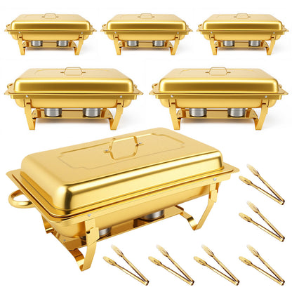 Dish Buffet Set 6 Pack, 9QT Stainless Steel Square Chafing Dishes with Full Gold Plating Rack, 12 Inch Gold Plum Blossom Serving Tongs  for Parties, Events, Wedding, Camping, Dinner