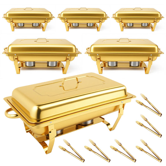 Dish Buffet Set 6 Pack, 9QT Stainless Steel Square Chafing Dishes with Full Gold Plating Rack, 12 Inch Gold Plum Blossom Serving Tongs  for Parties, Events, Wedding, Camping, Dinner