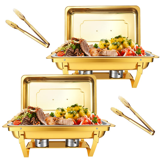 Dish Buffet Set 2 Pack, 9QT Stainless Steel Square Chafing Dishes with Full Gold Plating Rack, 12 Inch Gold Plum Blossom Serving Tongs  for Parties, Events, Wedding, Camping, Dinner