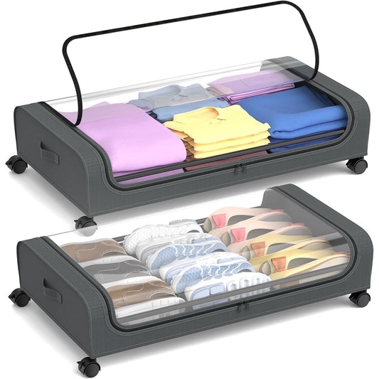 Under Bed Storage with Wheels, 2 Pack Under Bed Storage Containers, Under Bed Shoe Storage Organizer, Rolling Under Bed Metal Drawer for Clothes, Gray