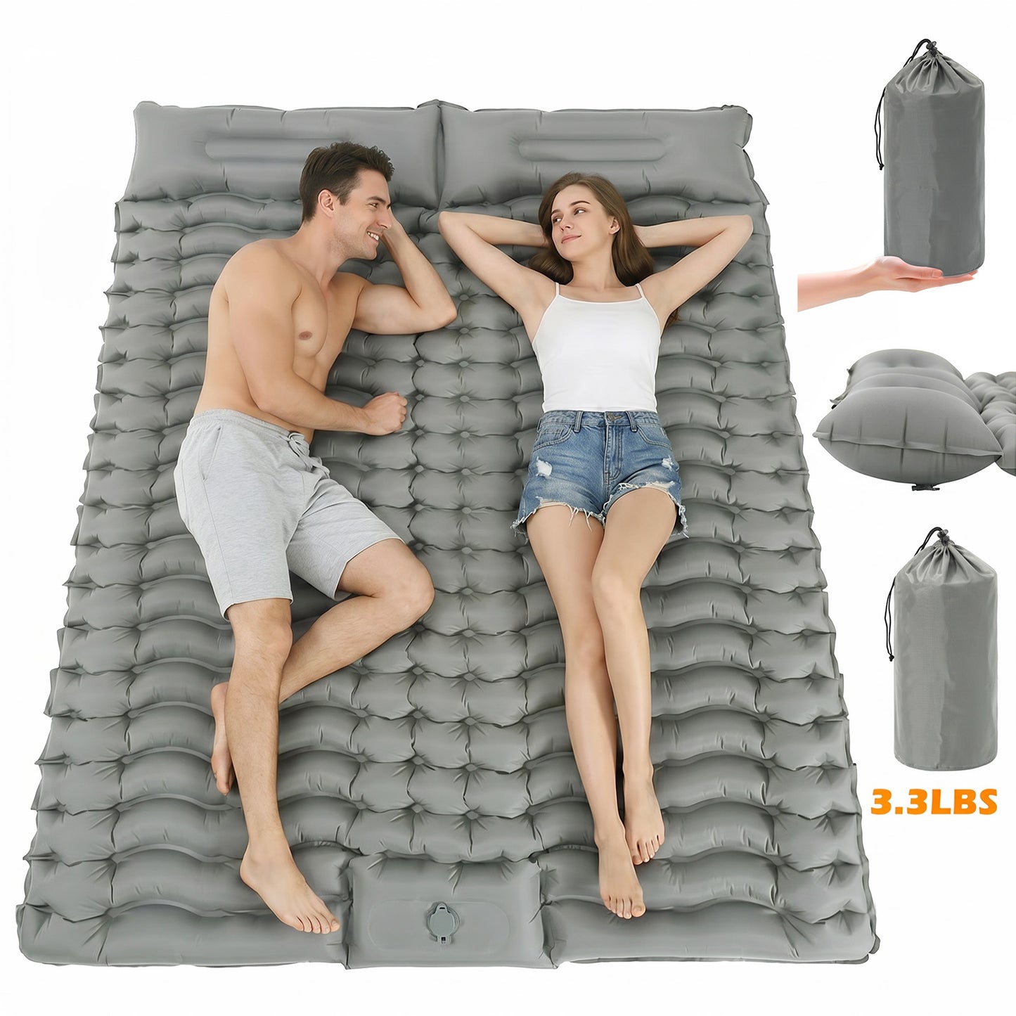 Double Camping Sleeping Pad for Backpacking, Self Inflating Ultralight Sleeping Mat with Pillow and Built-in Foot Pump, Inflatable Camping Mattress for 2 Person Traveling Tent, Gray