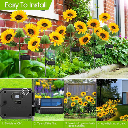 TopZoo 2PCS Solar Lights Outdoor, Three Head LED Sunflower Garden Lights, Waterproof, Auto On/Off Garden Decor Lights for Yard, Pathway, Patio, Porch