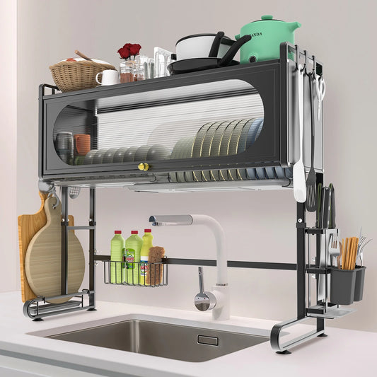 ALSO GO 3-tier Over The Sink Dish Drying Rack, Large Capacity Dish Rack with Cover, Expandable Length & Height, Adjustable Metal Dish Drainer for Kitchen Counter, Space-Saving, Black