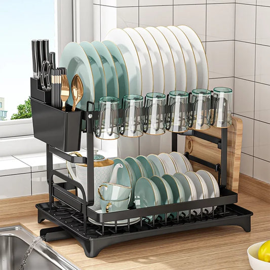 Baokaler Dish Drying Rack, 2 Tier Dish Racks with Water Tray Dish Drainer for Kitchen Counter with Utensil & Cup Holder