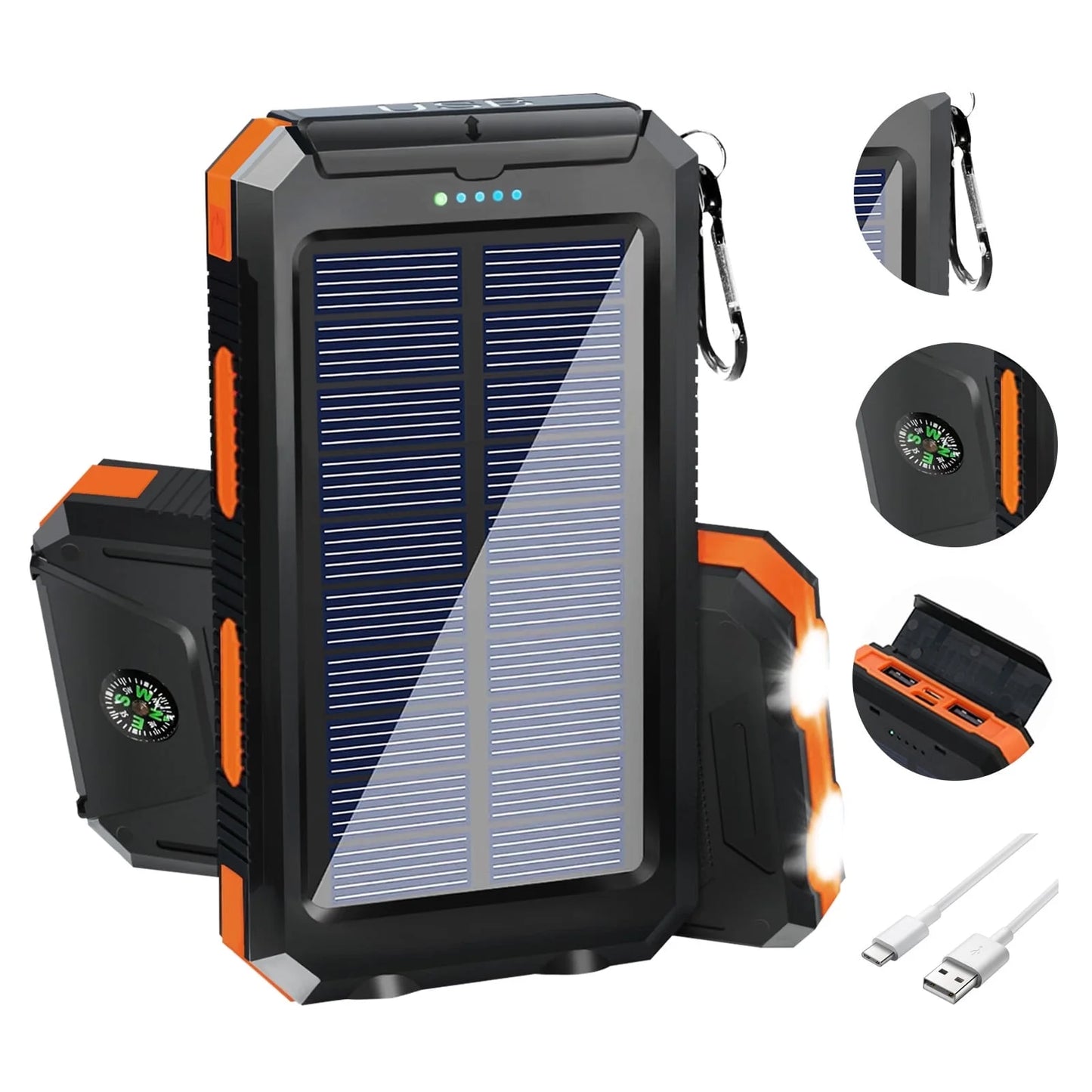 20000mAh Solar Charger for Cell Phone iPhone, Portable Solar Power Bank with Dual 5V USB Ports, 2 LED Light Flashlight, Compass Battery Pack for Outdoor Camping Hiking