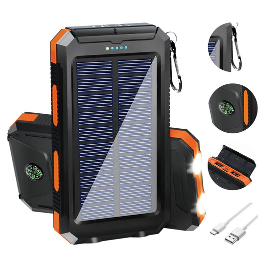20000mAh Solar Charger for Cell Phone iPhone, Portable Solar Power Bank with Dual 5V USB Ports, 2 LED Light Flashlight, Compass Battery Pack for Outdoor Camping Hiking