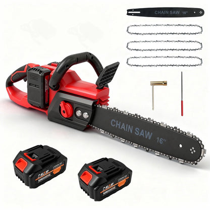 16-inch Cordless Chainsaw with 2x3000mAh Batteries, Electric Chainsaw with 3 Chains & Dual Chargers for Wood Cutting Tree Trimming