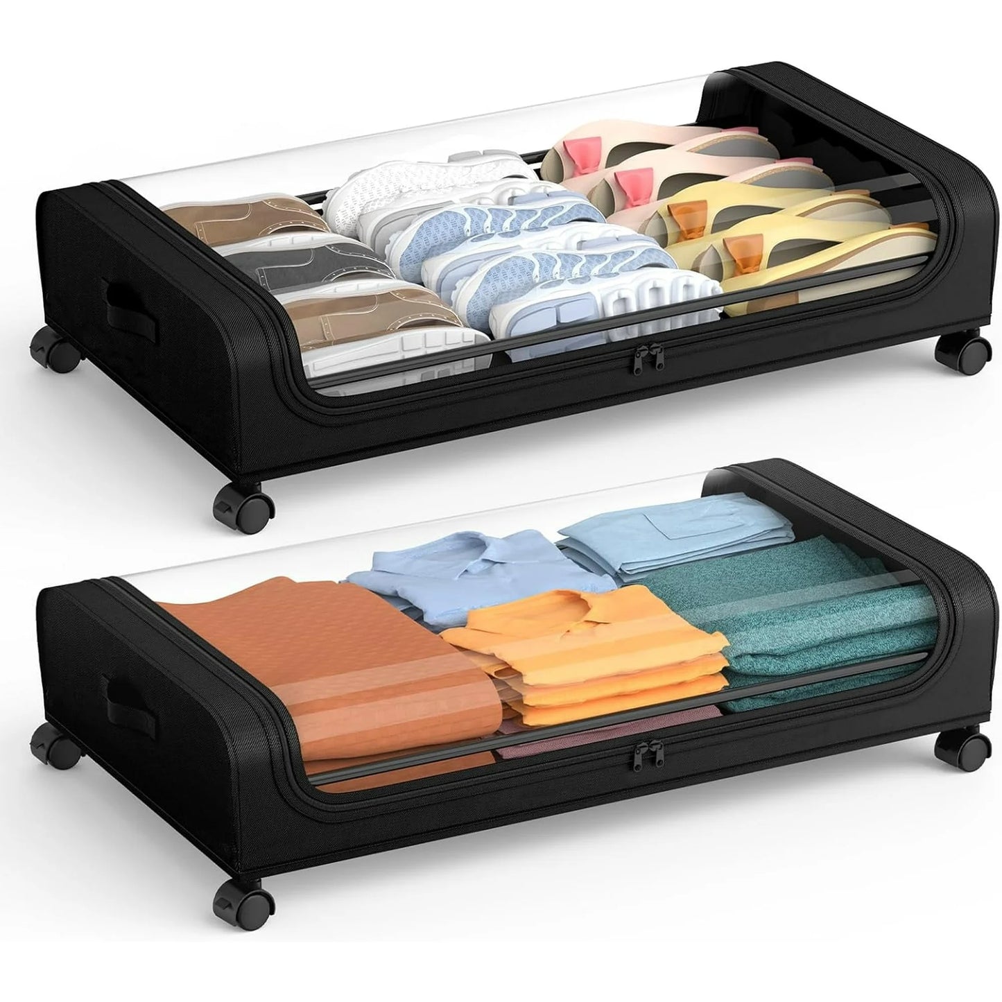 Under Bed Storage with Wheels, 2 Pack Under Bed Storage Containers, Under Bed Shoe Storage Organizer, Rolling Under Bed Metal Drawer for Clothes, Black