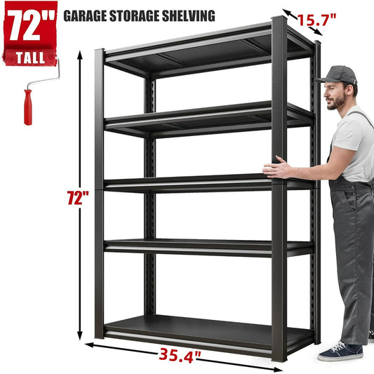 5 Tier 72"H Garage Shelving 2000LBS Heavy Duty Garage Storage Shelves Adjustable Metal Shelving Unit for Garage Storage Rack Industrial Utility Shelf 15.7" D X 35.4" W X 72" H, Black