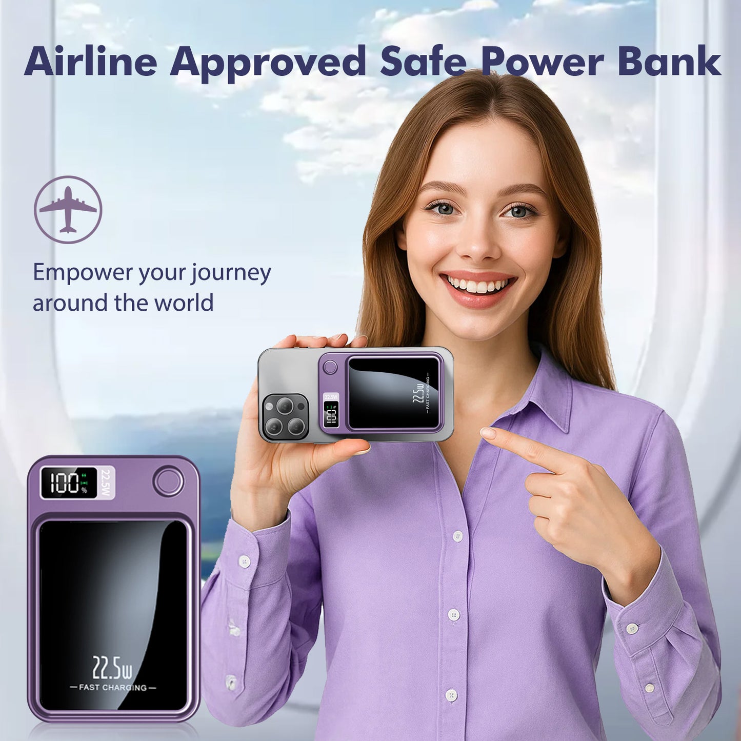 2 in 1 Portable Magnetic Wireless Power Bank, 10000mAh 22.5W Fast Charging, with LED Power Display, Suitable for Outdoor Emergency Backup Power Bank, Compatible with Multi Device, Purple