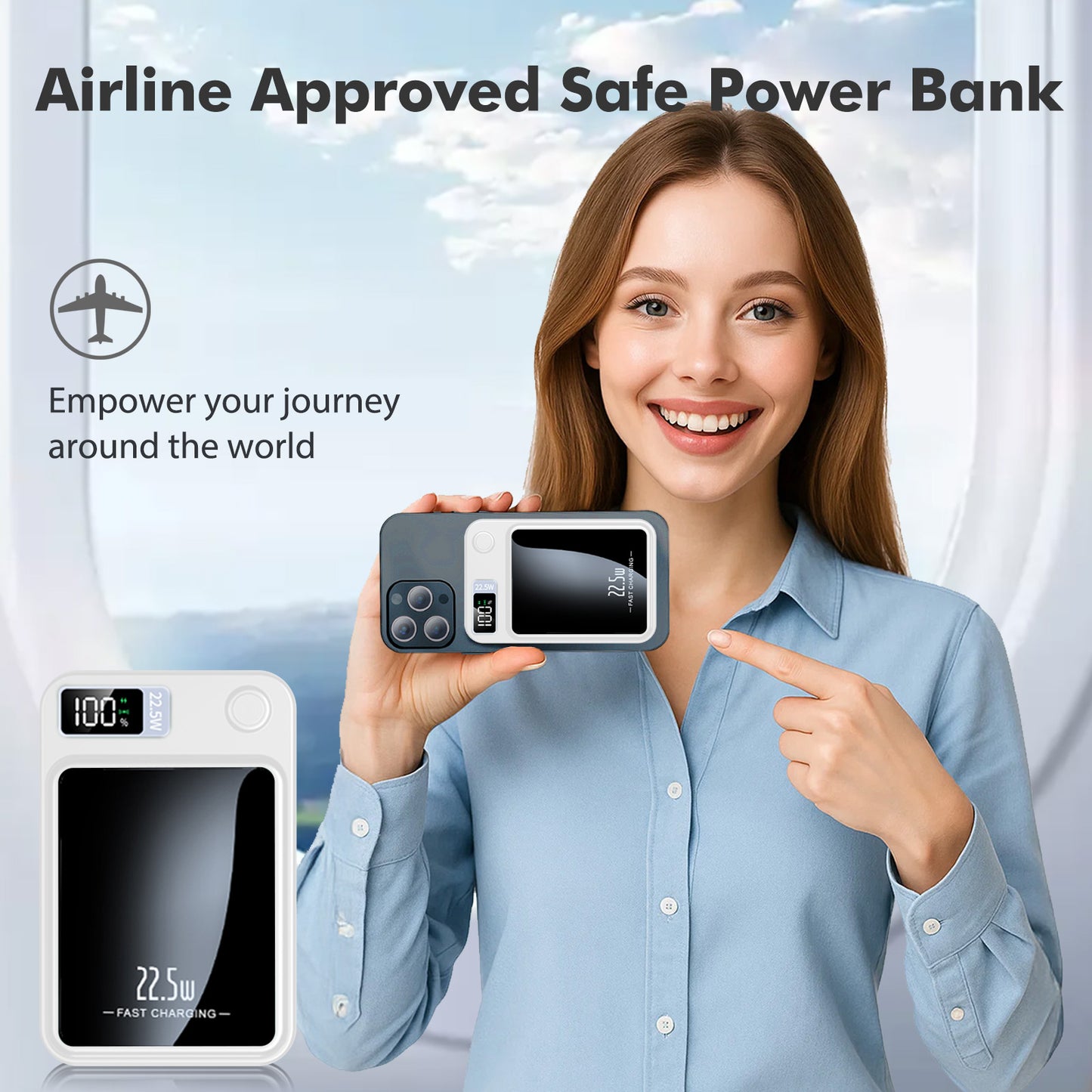 2 in 1 Portable Magnetic Wireless Power Bank, 10000mAh 22.5W Fast Charging, with LED Power Display, Suitable for Outdoor Emergency Backup Power Bank, Compatible with Multi Device, White