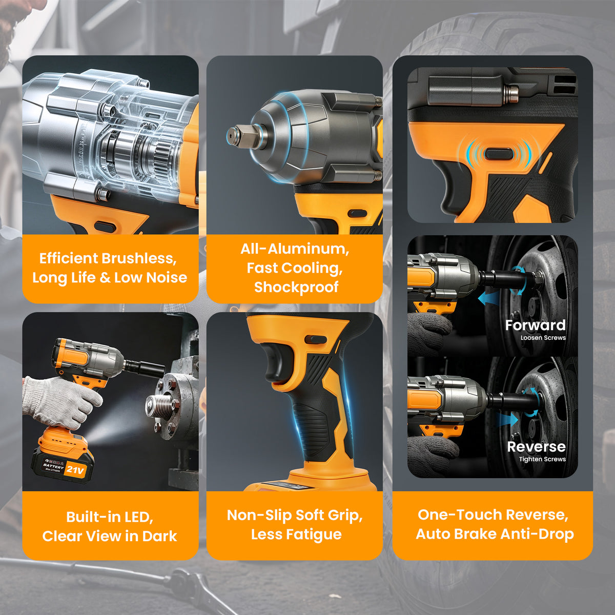 1000Nm Cordless Impact Wrench, 21V Impact Wrench 1/2 inch, High Efficiency Brushless Motor with Fast Charger and 2 x 3.0Ah Battery
