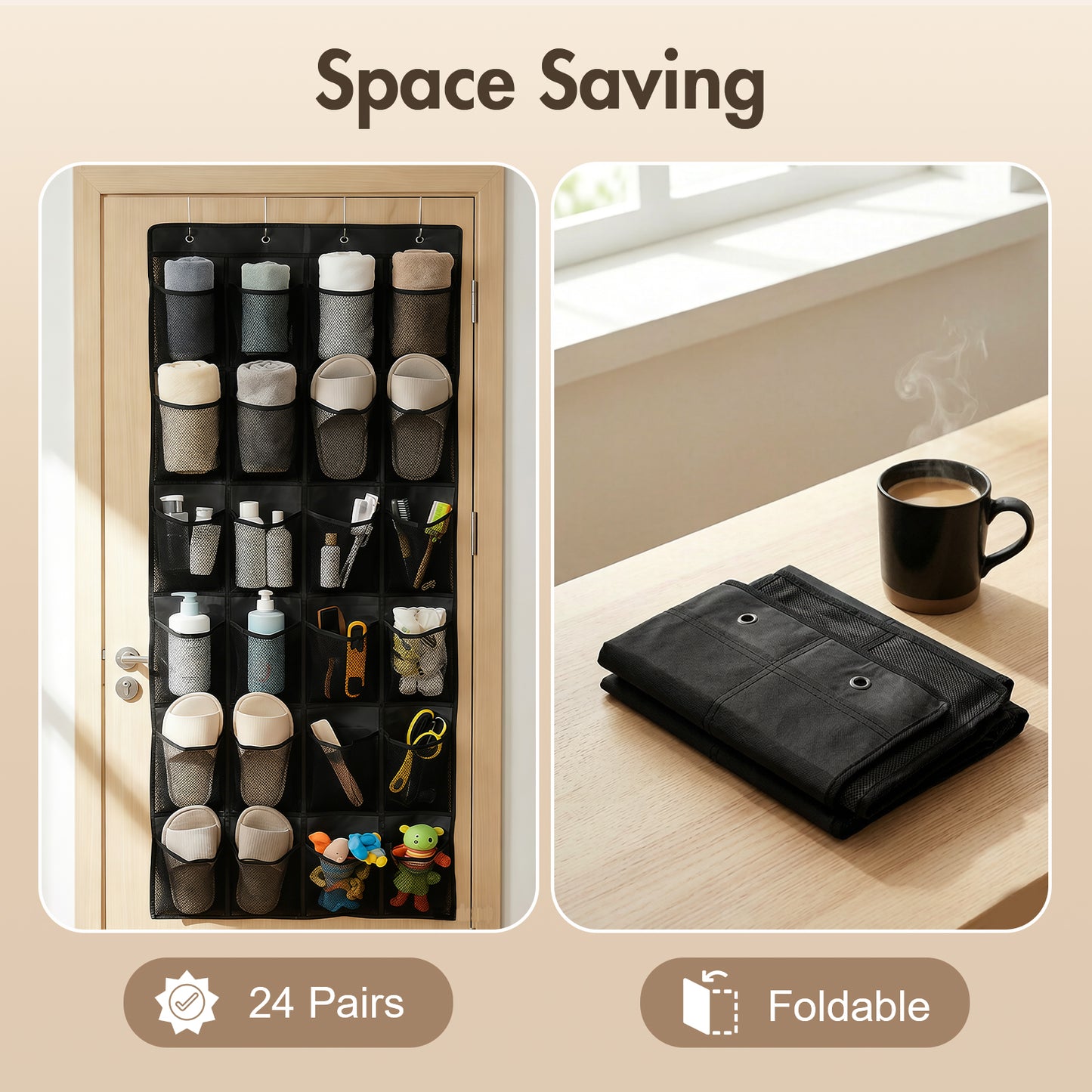 Over The Door Hanging Shoe Organizer, 24 Large Breathable Mesh Pockets, 2 Pack Hanging Shoe Storage Organizer, Black