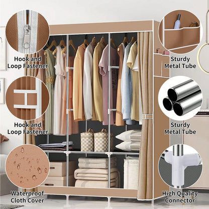 Non-Woven Fabric Closet Organizers and Storage with Cover, Portable Wardrobe Closet Storage, Dustproof Clothing Rack Shelf, Beige