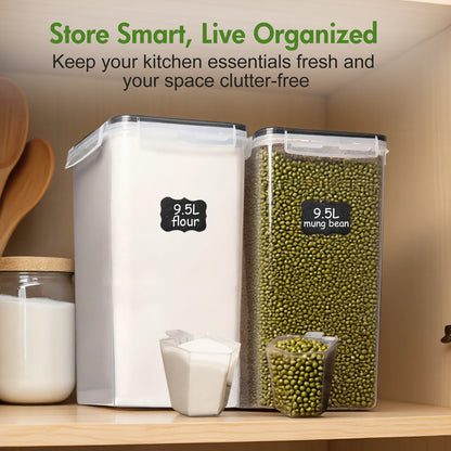 2-Pack 9.5L (321 oz) Clear Airtight Food Storage Canisters with Chalkboard Labels & Measuring Cups - Flour, Grain, Sugar, Rice, Pasta, Coffee Container with Lids