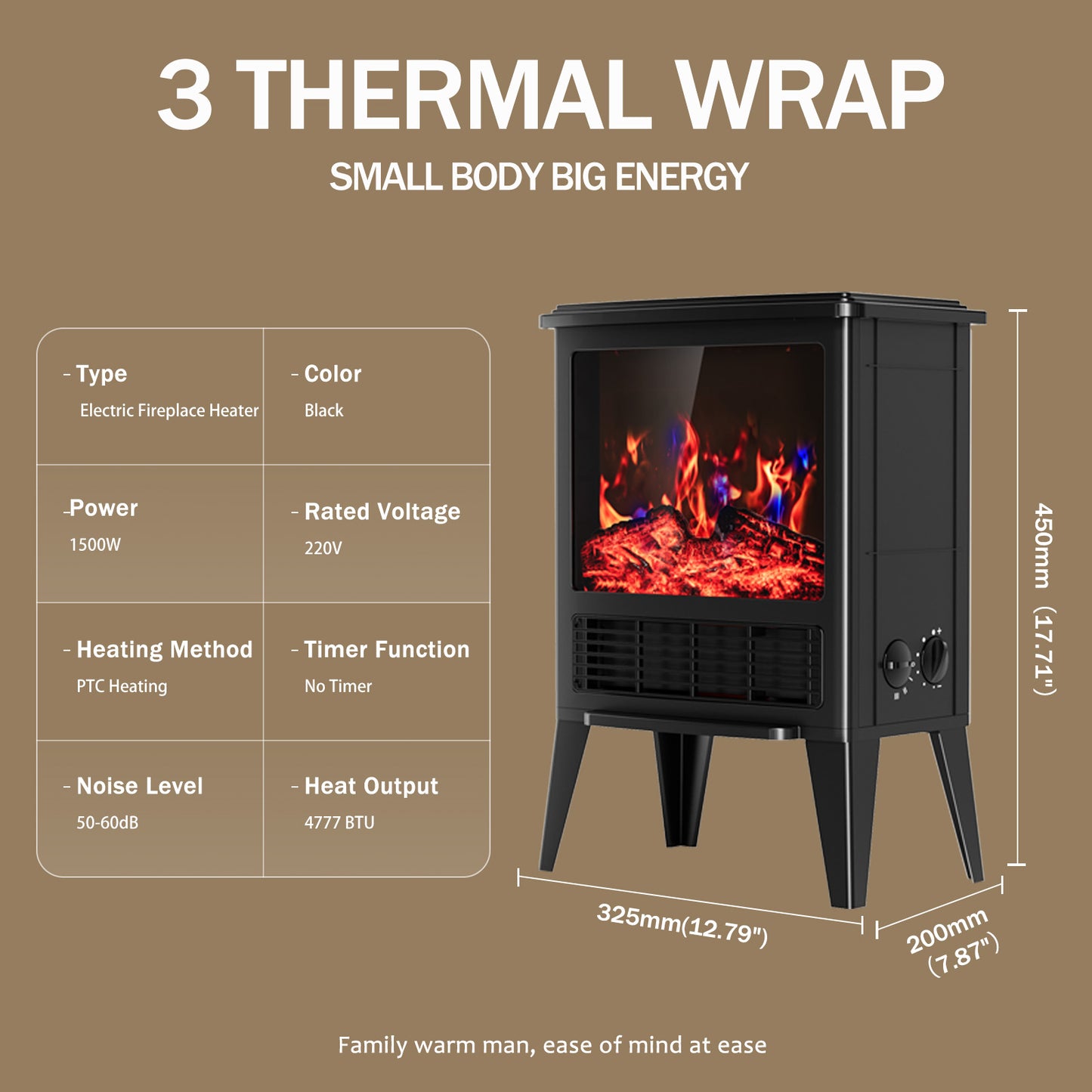 1500W Electric Fireplace, Infrared Fireplace Heater Stove with 3D Realistic Flame, Electric Heater with Overheat Safety Design and Adjustable Heating Modes for Home Bedroom Office, Black
