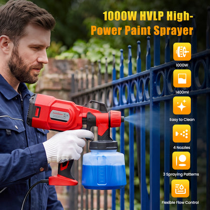 Baokaler Paint Sprayer, 1000W HVLP Electric Spray Gun with 1400ml Container, 4 Copper Nozzles & 3 Spray Patterns for Furniture, Cabinets, Walls, House Painting, Red