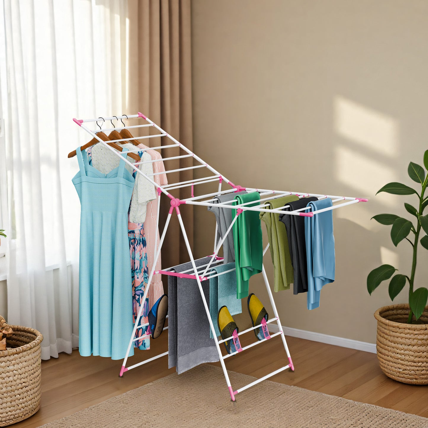 2-Tier Collapsible Clothes Drying Rack, Height-Adjustable Laundry Rack for Drying, Rustproof Clothes Dryer Hanger with Wings for Home, Red