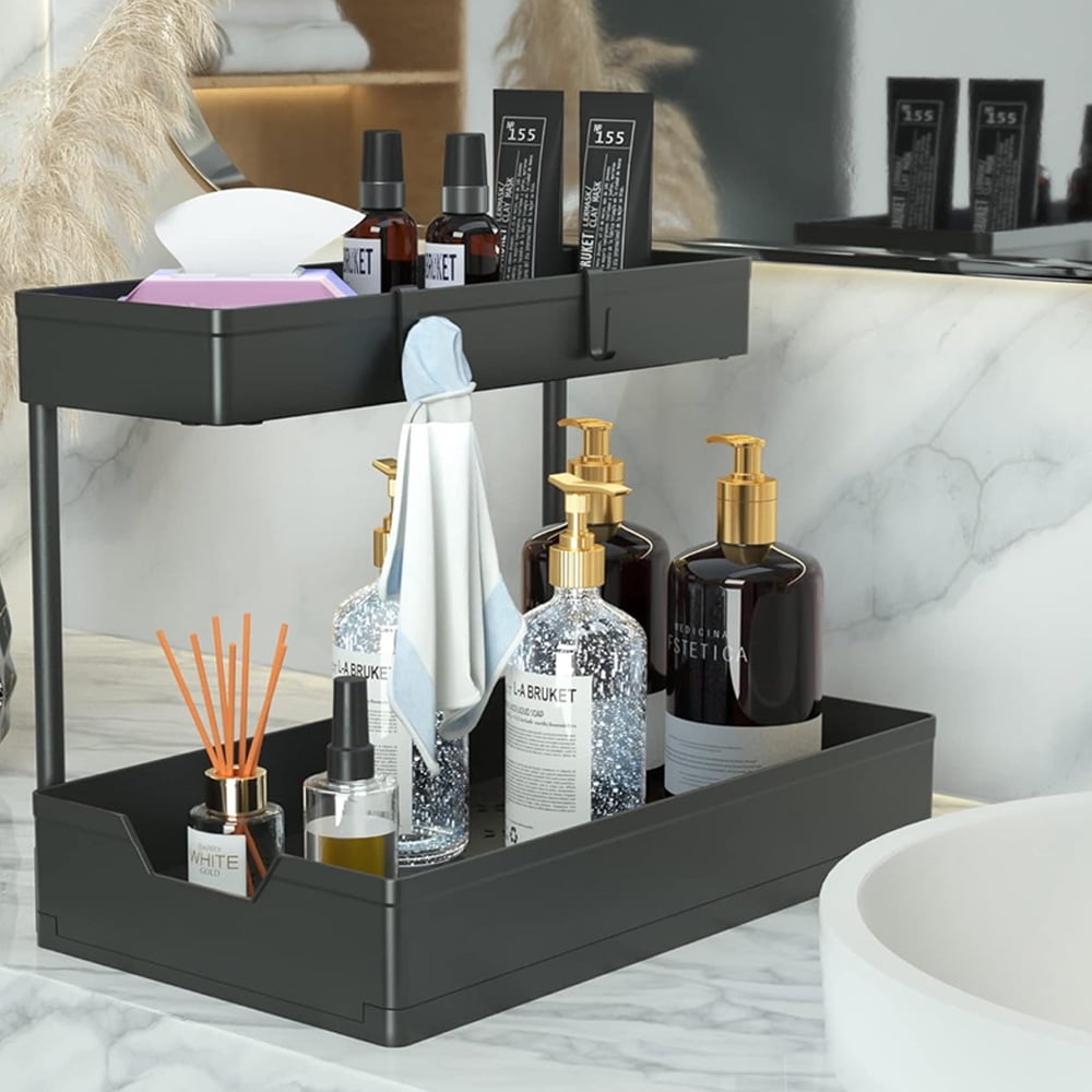 2-Tier Under Sink Organizers and Storage 2 Pack Sliding L-shape Under Bathroom Kitchen Cabinet Organizers Narrow Space Storage Multi-purpose for Bathroom Kitchen Drawer Black