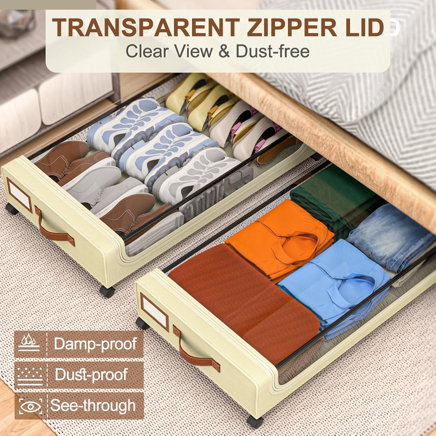 Under Bed Storage with Wheels, 2 Pack Under Bed Storage Containers, 60L Under Bed Shoe Storage with Clear Window & Label, Rolling Under Bed Metal Drawer for Clothes, Shoes,Toys, Books, Blankets
