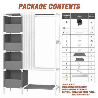 Clothes Rack, Portable Closet, Freestanding Closet Organizer with Curtain, 4 Tier Garment Rack for Bed Room, Gray