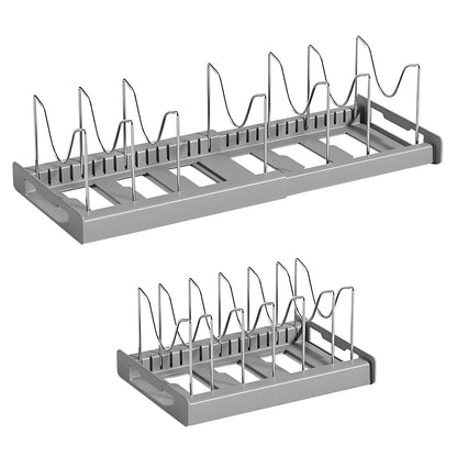 Expandable Pan Organizer with 12 Adjustable Shelves, Multifunctional Pots and Pans Organizer Rack for Kitchen Cabinets, Stainless Steel Pot Rack Lid Holder, Gray