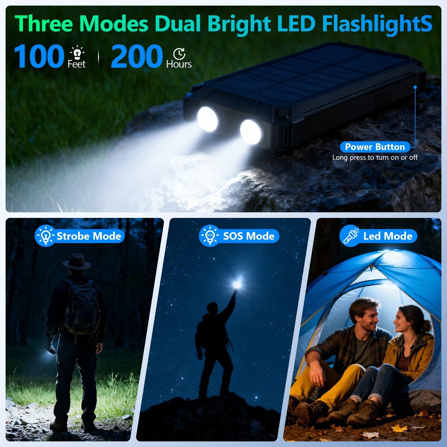 Power Bank Wireless Charger 46800mAh Built in 4 Cables Six Outputs 15W Fast Charging Power Bank for All Mobile Devices Three Inputs Solar Portable Charger with Dual Flashlights, Carabiner(Black)