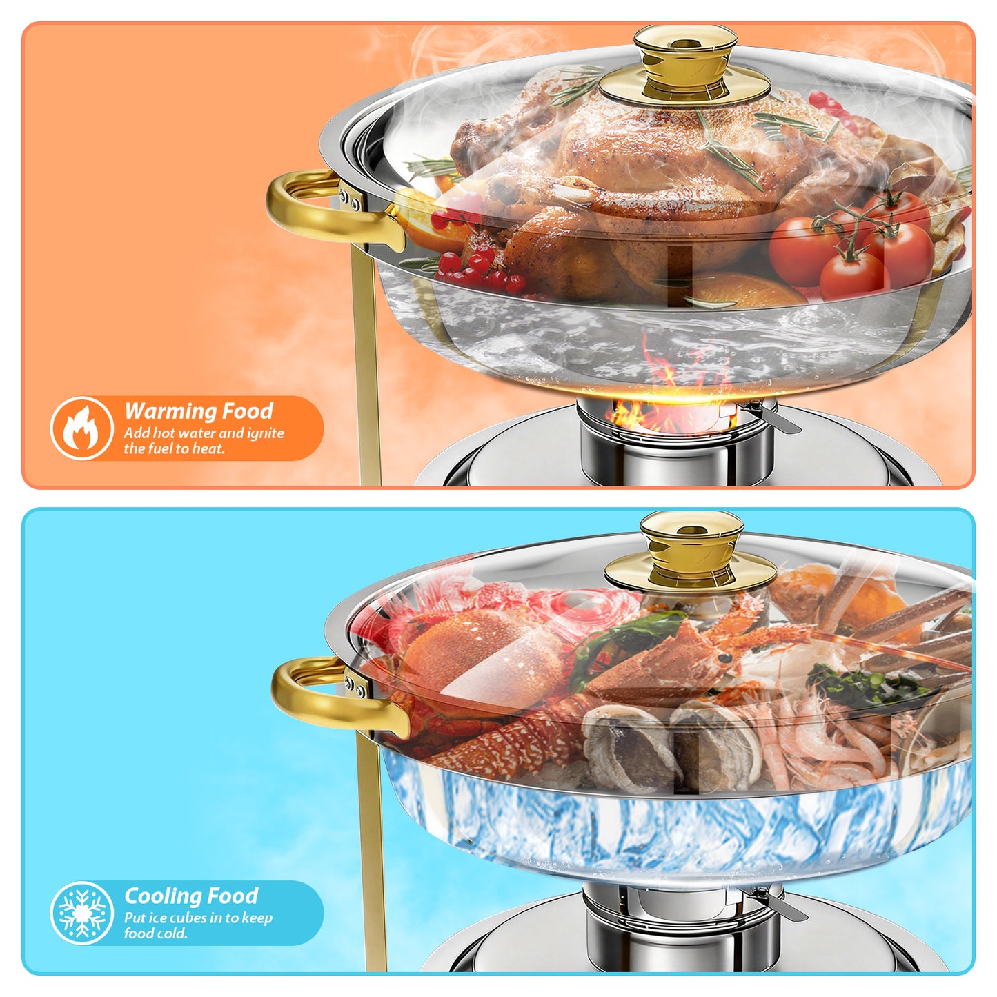 CATGOOD Chafing Dish for Buffet 1 Pack, 5.3QT Round Chafing Dish Buffet Set for Parties, Gold Stainless Steel Buffet Server and Warmer with 1 Serving Tong