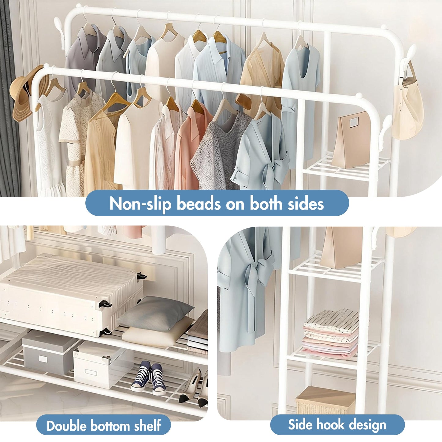Clothes Rack with 4 Shelves, 3 In 1 Double Rods Metal Clothing Rack with Wheels & 4 Hooks, Portable Heavy Duty Garment Rack with Double Bottom Shelves, Freestanding Organizer for Bedroom, White