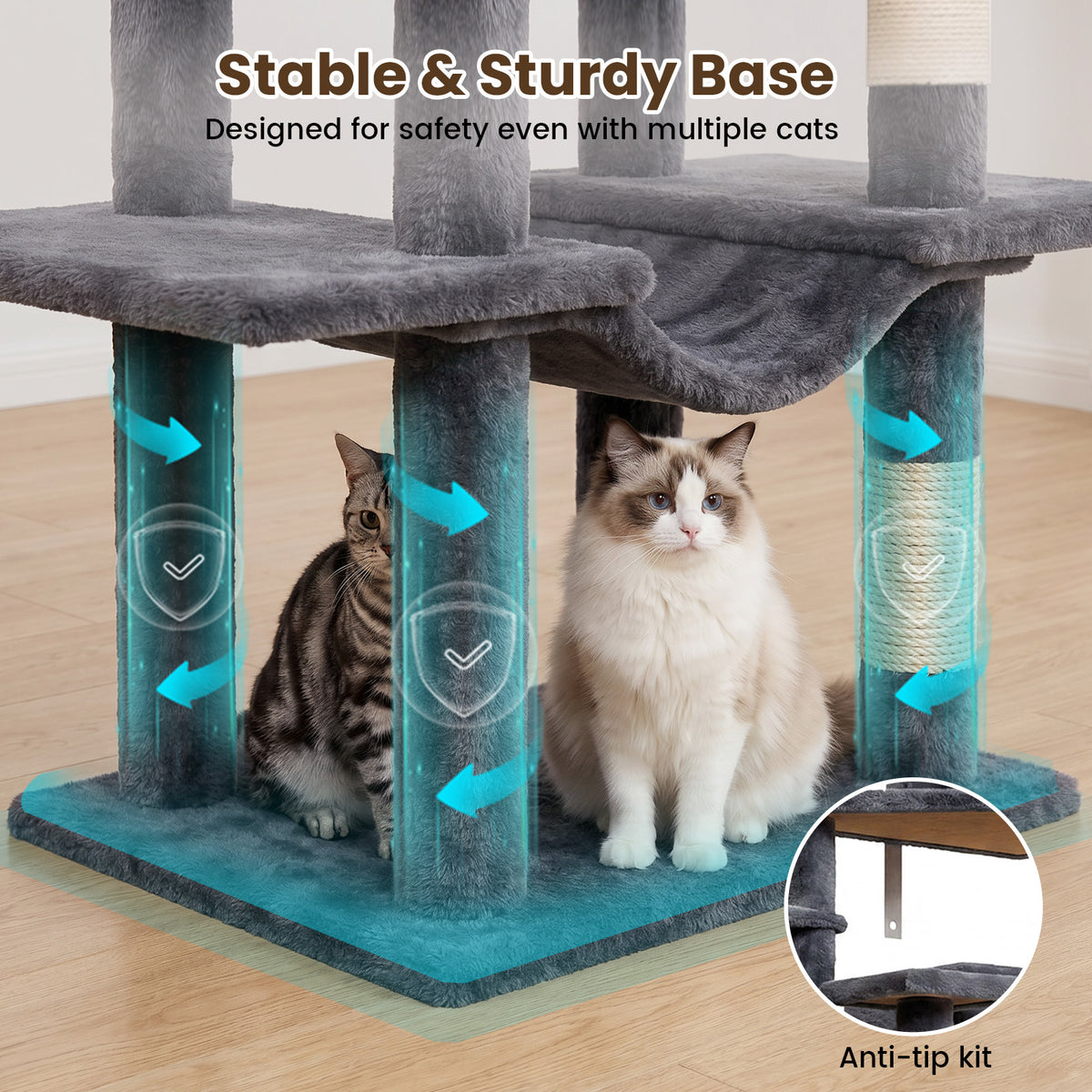 80" Cat Tree Tower, Big Cat Tower for Multiple Adult Cats, Multi-Level Tall Cat Tree with 3 Platforms, 2 Condos, 2 Hanging Basket, Hammock and Scratching Frame for Indoor Kitties, Dark Grey