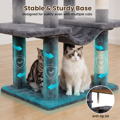 80" Cat Tree Tower, Big Cat Tower for Multiple Adult Cats, Multi-Level Tall Cat Tree with 3 Platforms, 2 Condos, 2 Hanging Basket, Hammock and Scratching Frame for Indoor Kitties, Dark Grey