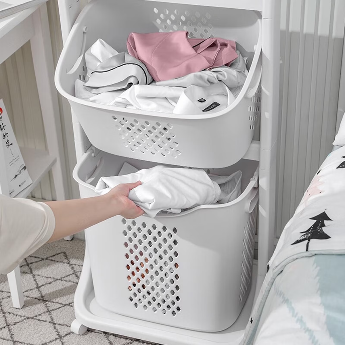 BAOKALER Wheeled 4-Bins Laundry Cart, White